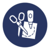 Icon of scissors, glue, and craft paper on a dark blue circle