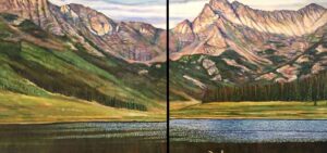 Two canvas paintings of the Gore Range of Piney River Ranch lake