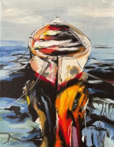 Oil painting of a boat in the ocean