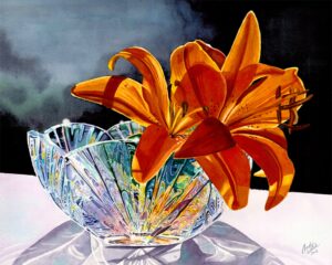 Highly pigmented watercolor painting of lilies in a crystal bowl.