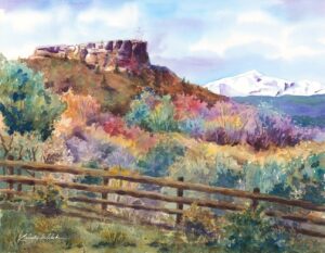 Painting of Castle Rock with a fence in the foreground and Pike's Peak covered in snow in the background.