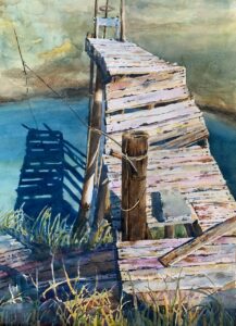 Watercolor painting by Paul Valdez of a dock with a broken board.