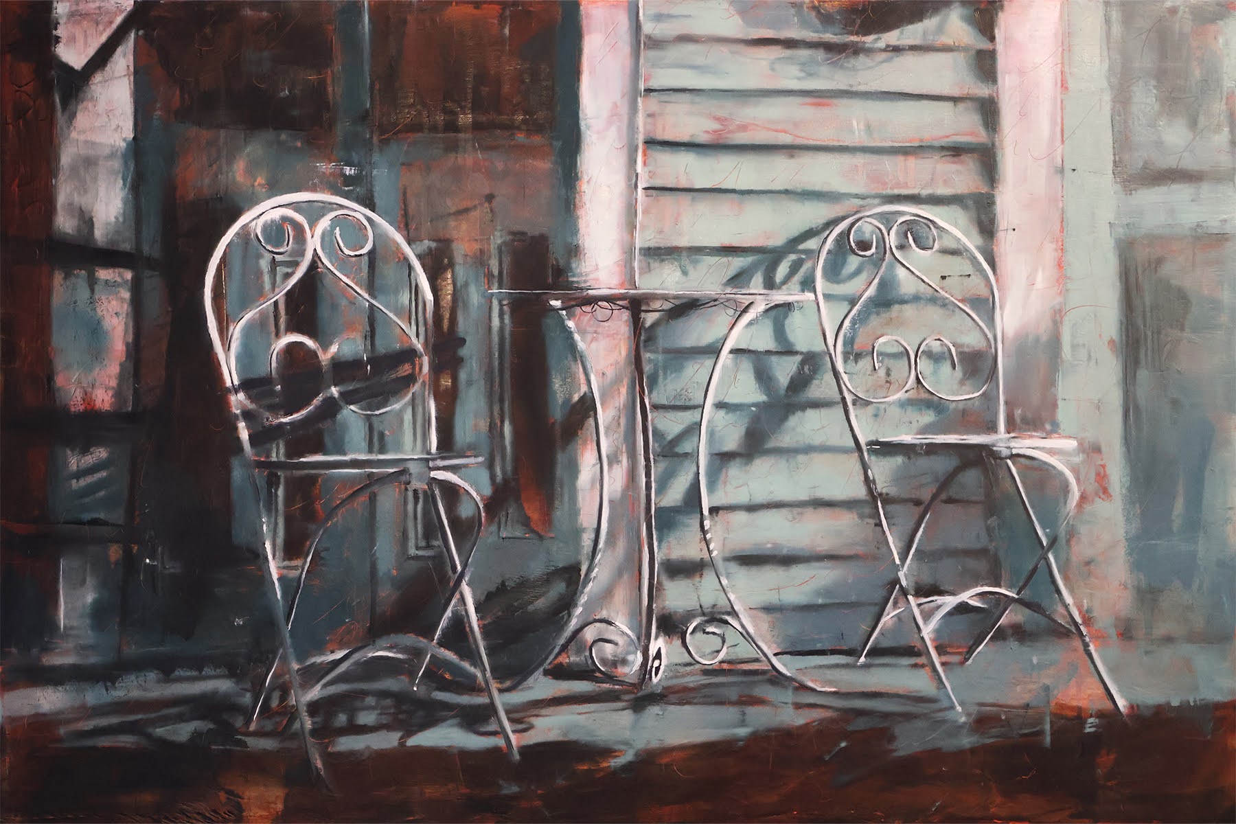 Painting of a bistro table on the front porch of a Castle Rock house.