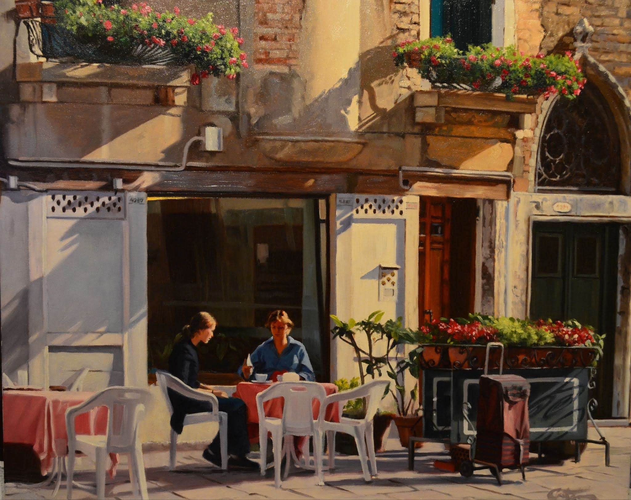 Painting by Mitch Caster of a building drenched in sunlight and shadows with two people sitting at an outdoor table