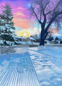 Oil painting of snowy Colorado backyard and sunset by artist Carrie Martin