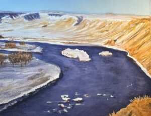 Watercolor by Robert Quimby of a river running through Montana Buttes