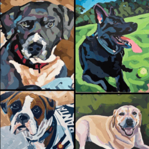 Set of four puppies portraits painted in acrylic 