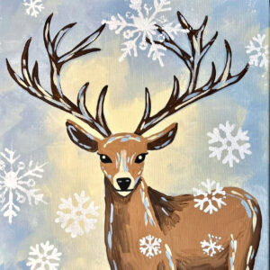 Acrylic painting of a majestic deer with antlers. White snowflakes are painted on the background of a winter sky.