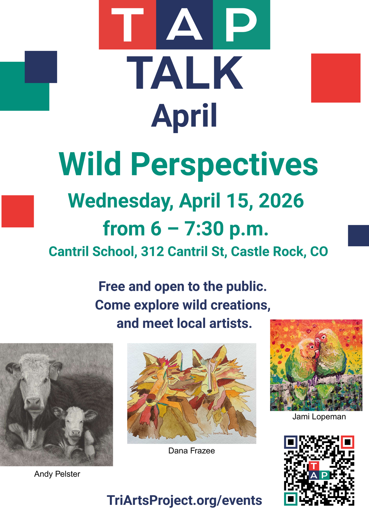 Annoncement for art exhibition opening featuring douglas county colorado artists featuring animals