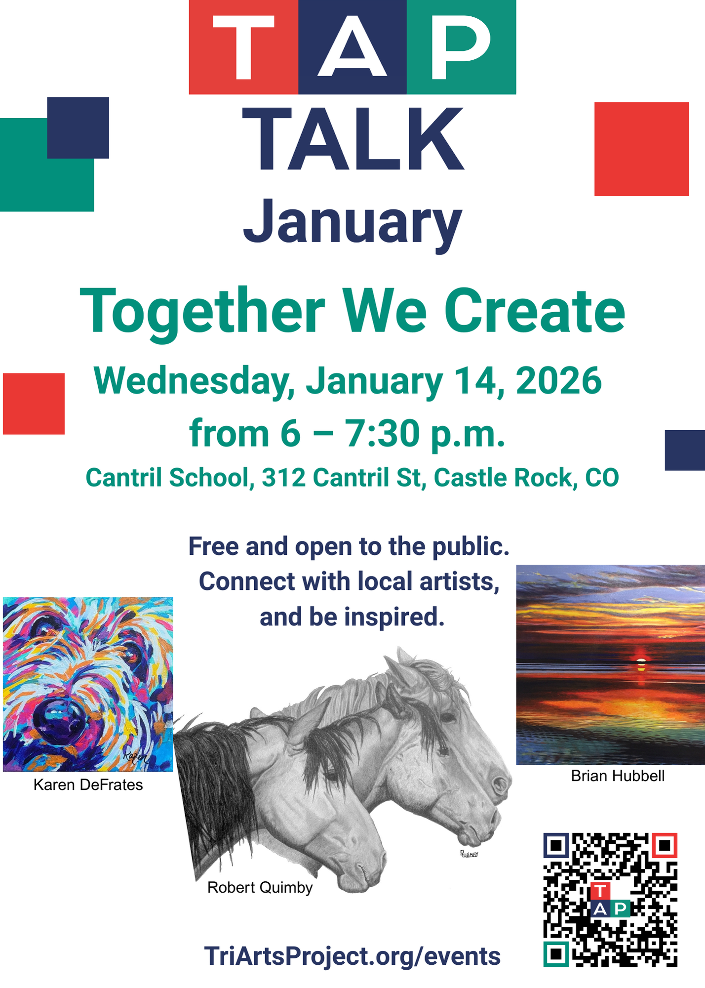 Annoncement for art exhibition opening featuring local artists from TAP and CRAA artist member and