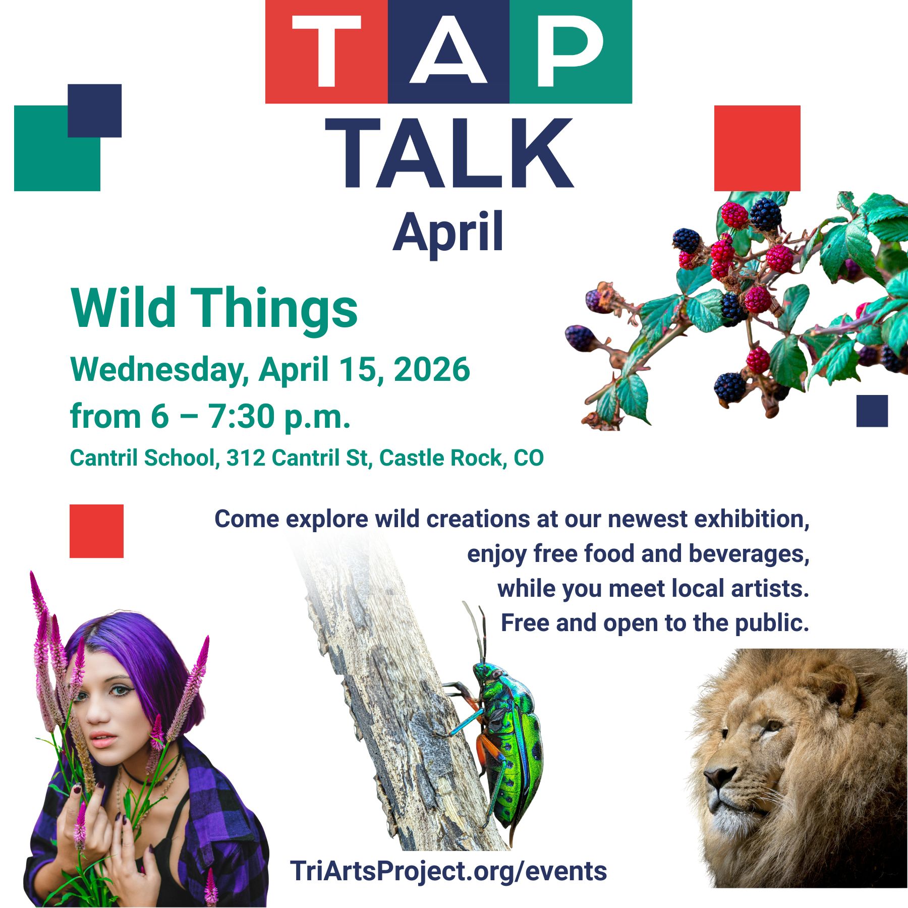 Announcement for art exhibition opening featuring douglas county colorado artists with the theme wild things
