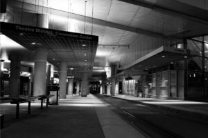 black and photo photograph of Denver Union Station by Tri Arts Project artist Brad Waldrip