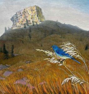 acrylic painting of bluebird in front of castle rock colorado by Tri Arts Project artist Carol King