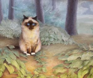 acrylic painting of cat sitting in the woods by Tri Arts Project artist Carol King
