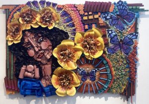 found art collage of woman and flowers by Tri Arts Project artist Christine Rose Curry