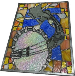 stained glass image of banjo by Tri Arts Project artist Cliff Wallace