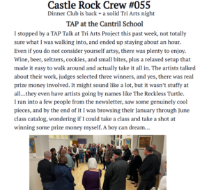 image of Castle Rock Crew newsletter article on Tri Arts Project TAP Talk exhibition opening january 20 2026