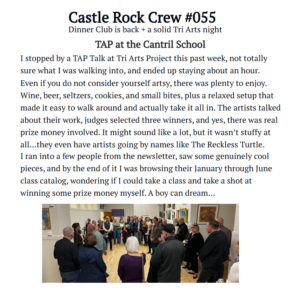 image of Castle Rock Crew newsletter article on Tri Arts Project TAP Talk exhibition opening january 20 2026