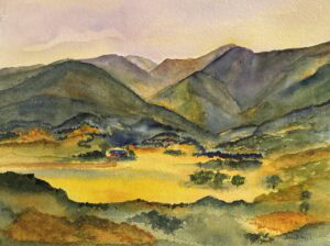 watercolor painting of mountains by Tri Arts Project artist Dana Frazee
