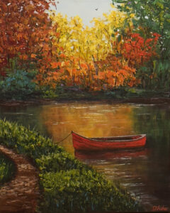 acrylic painting of boat on lake by Tri Arts Project artist Darcy Fisher