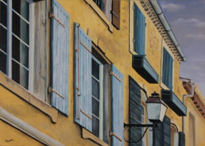 acrylic painting of a apartment windows by Tri Arts Project artist Gail Cooper