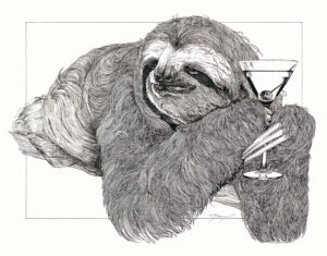 pen and ink drawing of a sloth drinking a martini by Tri Arts Project artist Jeanne Trueax