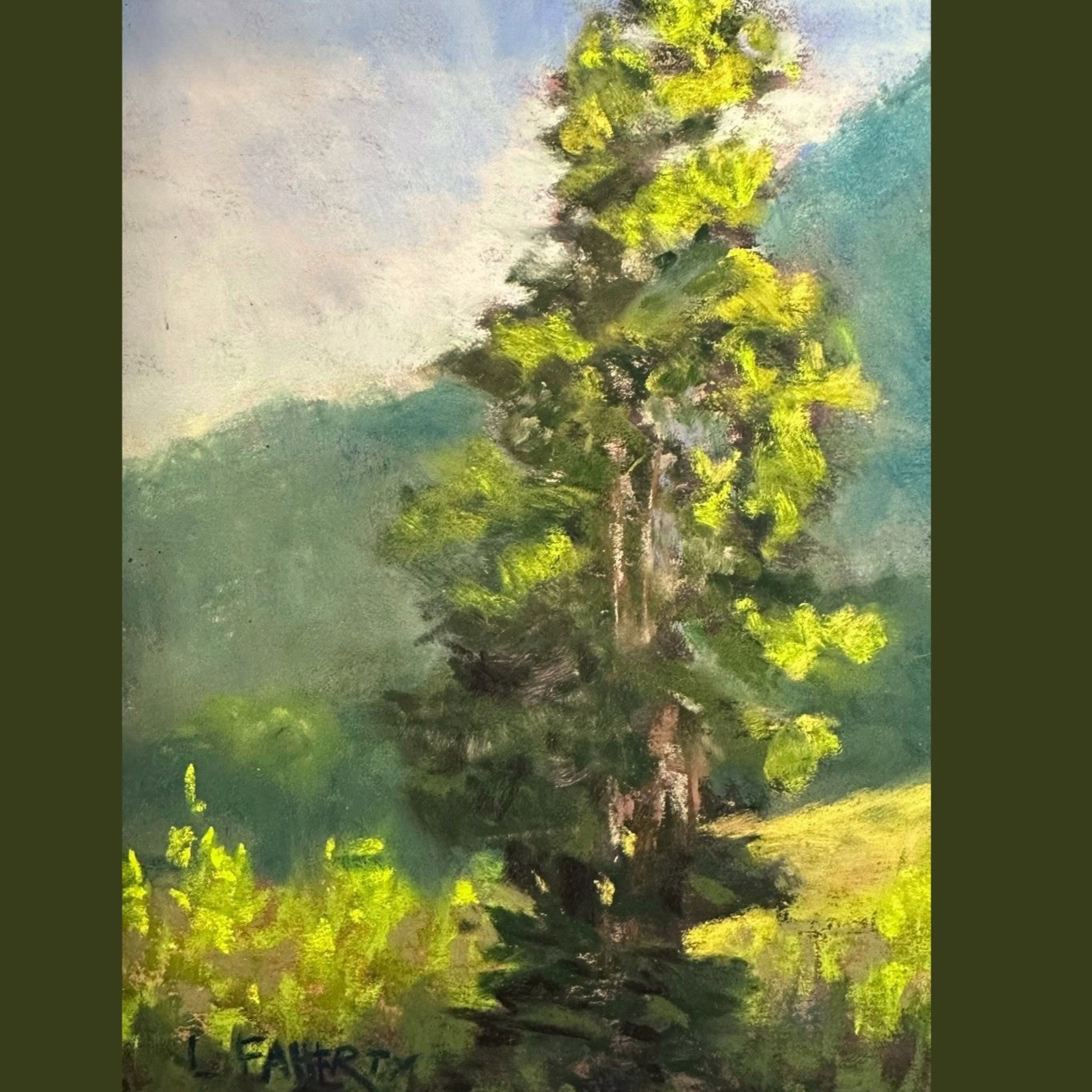 image of tri arts project instructor lisa faherty's class painting with pastels example of tree in front of green mountains