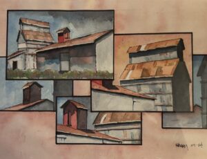 watercolor painting of Castle Rock Colorado buildings by Tri Arts Project artist photographer Randy Burkhardt