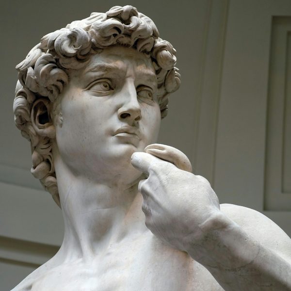 Marble statue of David by Michelangelo showing a young man’s focused expression and detailed carved features