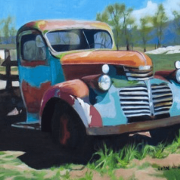 Oil painting of a classic truck sitting at a ranch in Colorado with the mountains in the background.