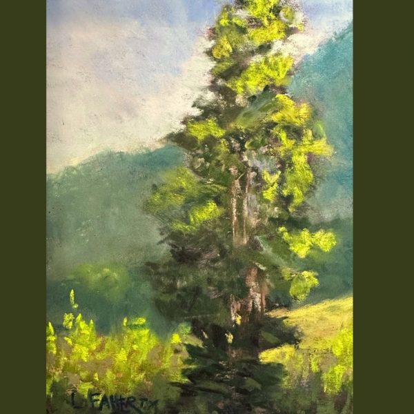 image of tri arts project instructor lisa faherty's class painting with pastels example of tree in front of green mountains