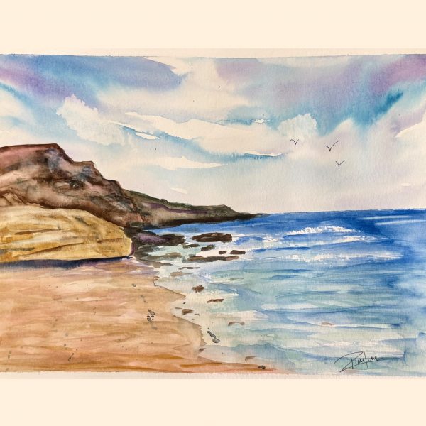 watercolor painting image of ocean coast for tri arts project instructor raelene vining